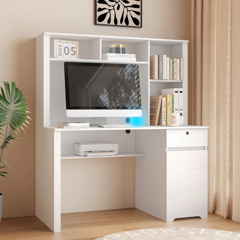 GDFStudio - Sophia Home Office Computer Desk with Hutch, Bookshelf, and Built-In Charging Ports for Productivity