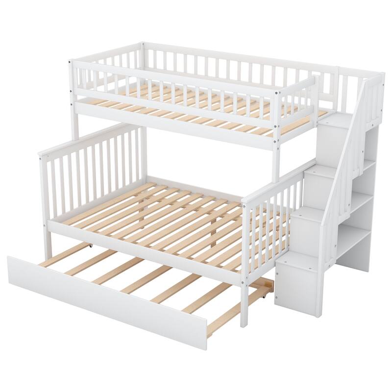 Twin Over Full Bunk Bed with Trundle and Storage Staircase, Space-Saving Design