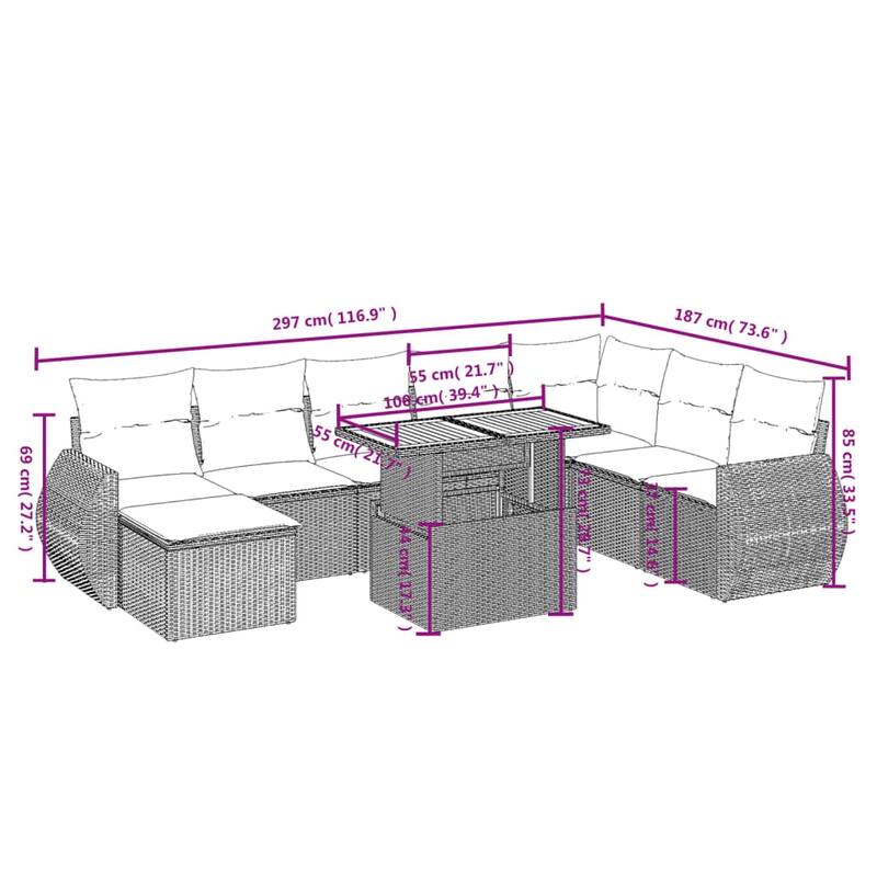 vidaXL Patio Sofa Set with Cushions Outdoor Furniture 9 Piece Poly Rattan - 24.4 x 24.4 x 27.2