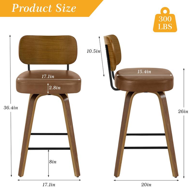 26" Swivel Upholstered Counter Height Bar Stool - 36.4" H x 17.1" W x 20" D