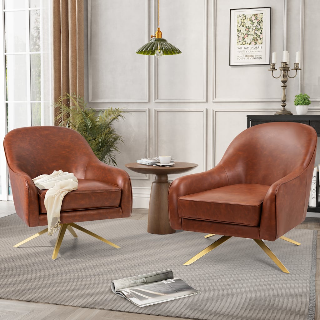 Modern Upholstered 360-degree Swivel Accent Chair Mid-century Faux Leather Sofa Chair