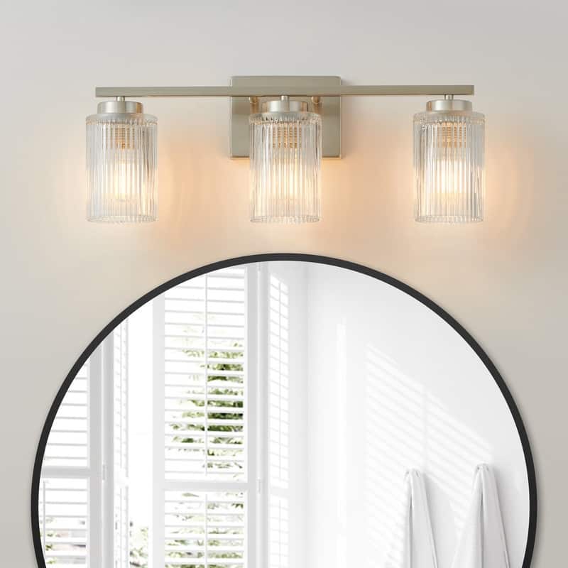KAWOTI W22" 3-Light Ribbed Glass Bathroom Vanity - Brushed Nickel