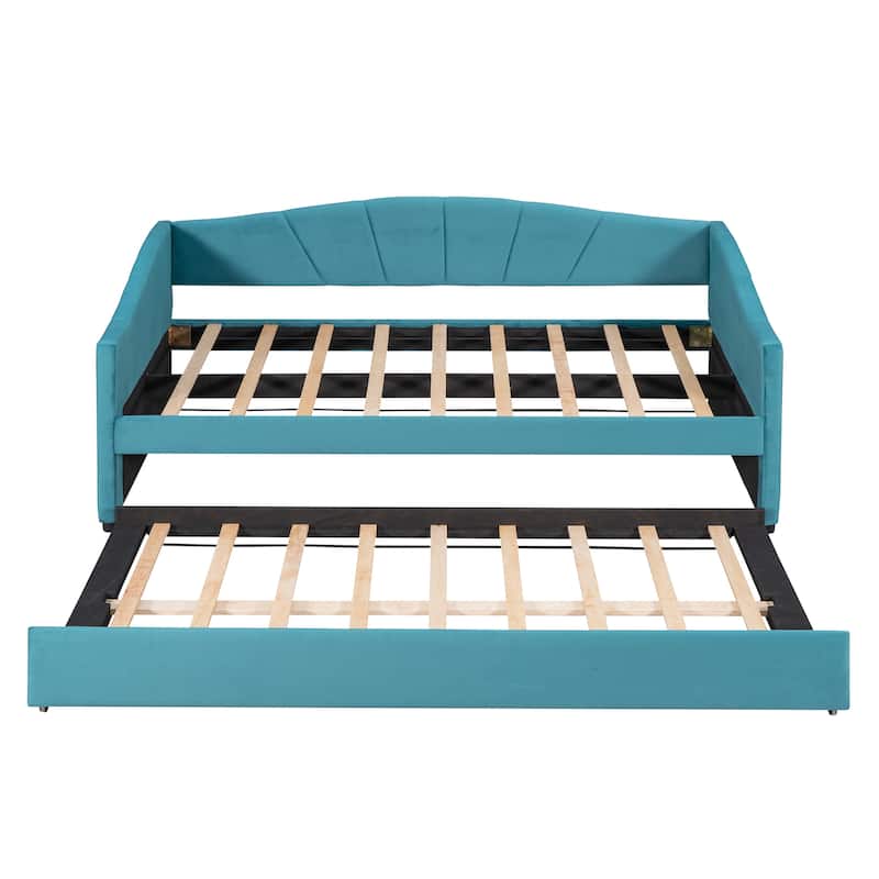Blue Upholstered Velvet Twin Daybed with Trundle