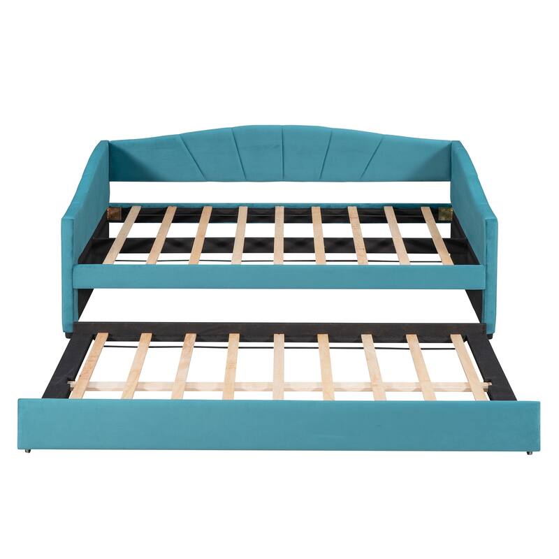 Twin Size Daybed Frame Rays Pattern Design Velvet Upholstered Daybed with 2 Drawers or Trundle, Wood Slat Support