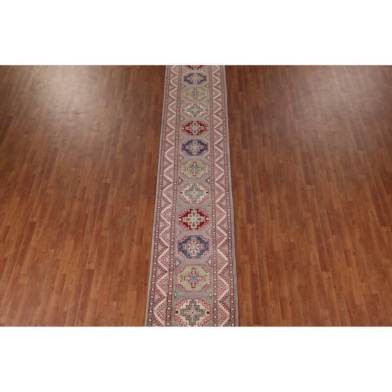 All-Over Gray Kazak Oriental Runner Rug Hand-Knotted Wool Carpet - 2'8" x 20'0"