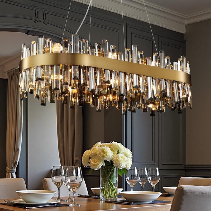 35.4'' Modern Crystal Chandelier 16-Light Rectangle Gold Brass Chandelier Luxury 2-Tier Crystal Pendant Light for Kitchen Island