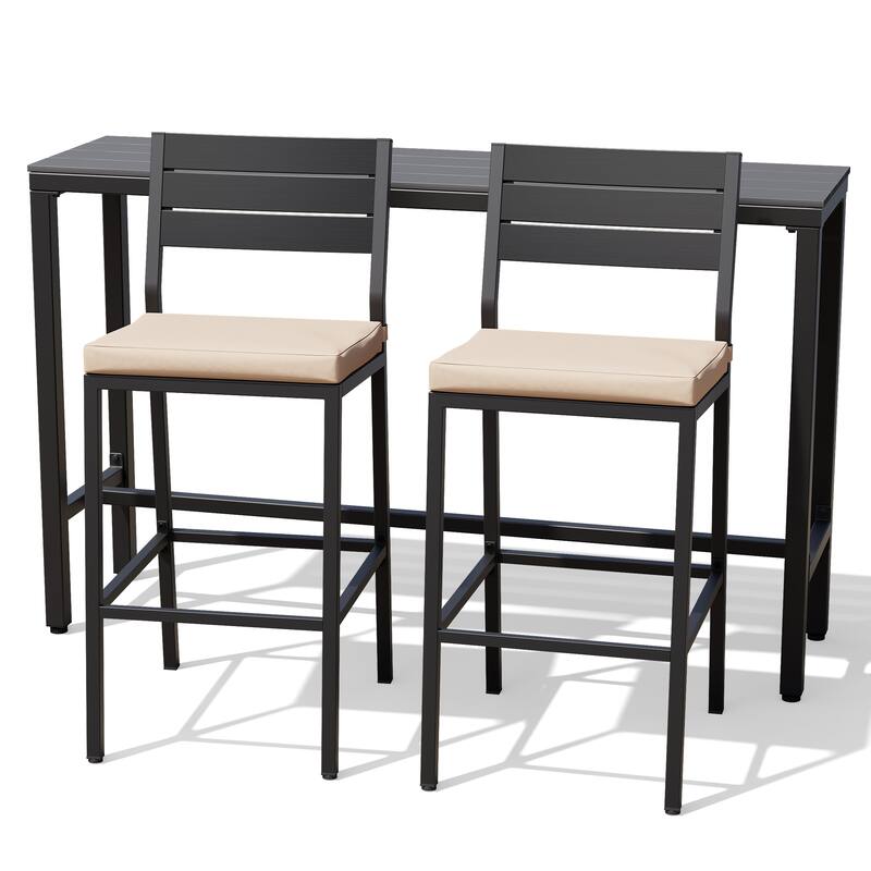 Outdoor 3-Piece Patio Bar Stools Set Rectangle Bar Table and Barstools with Cushion - Grey Table with Beige Cushion Chairs