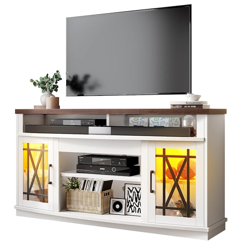 Moasis 59-inch Highboy 2-Door LED Lights TV Stand for TVs up to 70 Inches - White