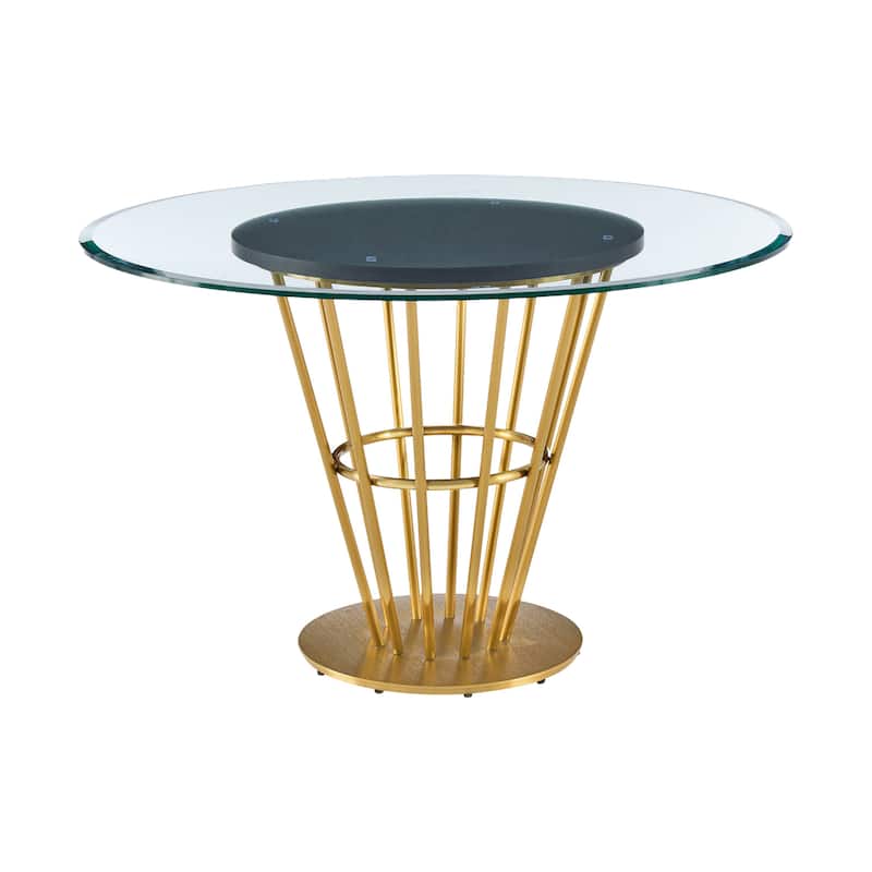 Vena Dining Table, Gold Stainless Steel, Brown Wood, 48 Inch Glass Top - Walnut Brown, Gold, Clear