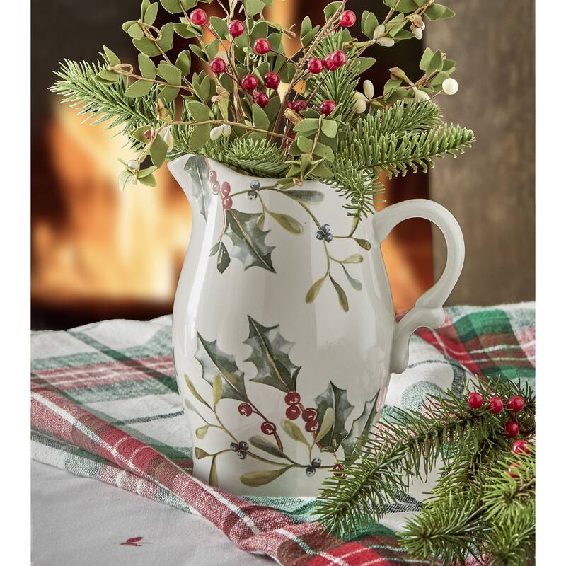 Winter Sprig Pitcher Stoneware White with Sprig and Holly, 6.9"L x 5.8"W x 8.25"H, 56 oz,