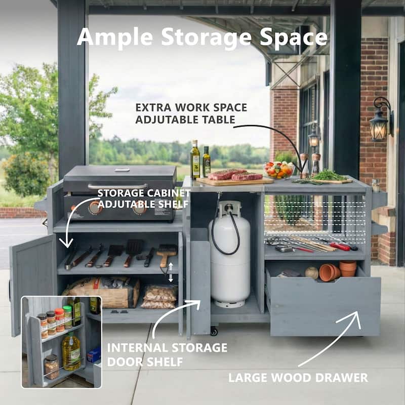 80.5" Solid Wood Outdoor Kitchen Island with Stainless Steel Top, Grill Cart Compatible with Big Green Egg & Blackstone