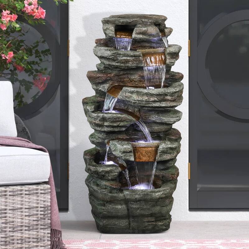 7-Tier Rock Water Fountain w/LED Lights Outdoor Water Feature for Home