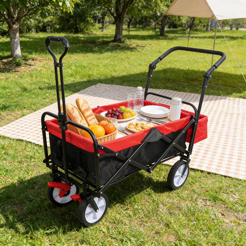 Anmytek Heavy Duty Folding Utility Wagon All Terrain Garden Beach Camping Grocery Cart Red Black