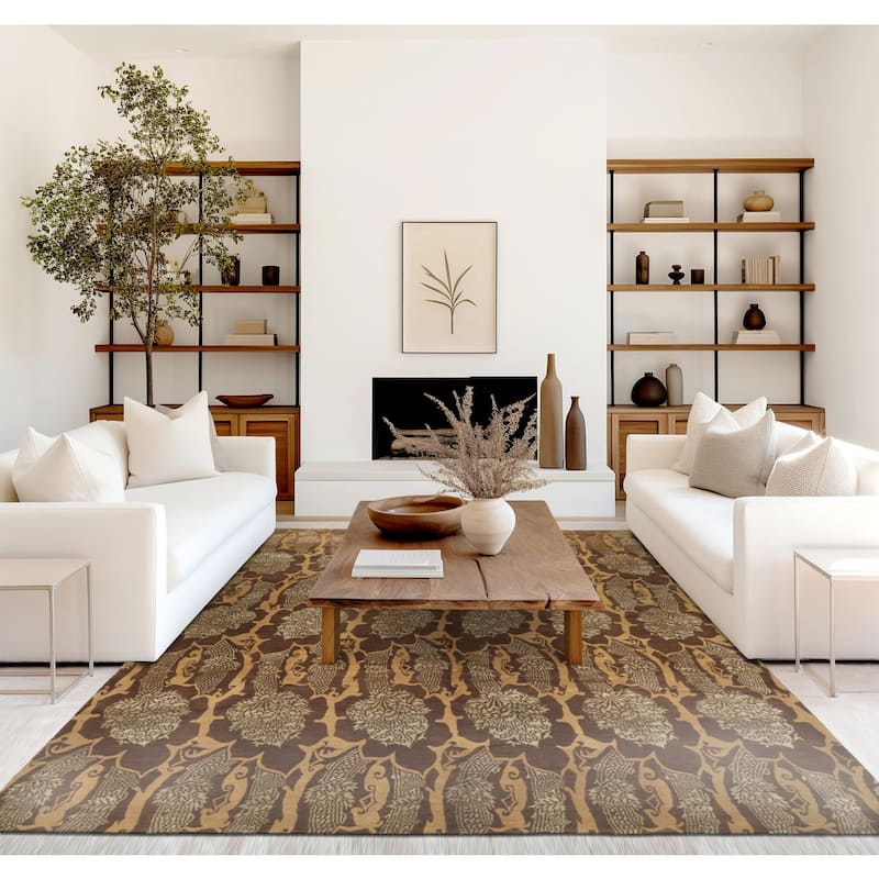 8x10 Tibetano Hand Knotted Wool & Silk Brown Transitional Tibetan Rug - 8' x 10' - 8'  x 10'