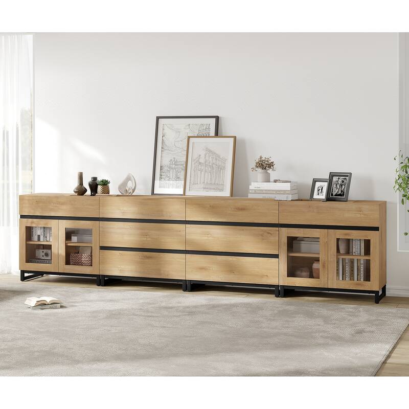 4 in 1 Modern Dresser with 8 Drawers & Glass Doors, Adjustable Shelf, Closet Organizers and Storage Cabinet for Bedroom - Oak - 8-drawer