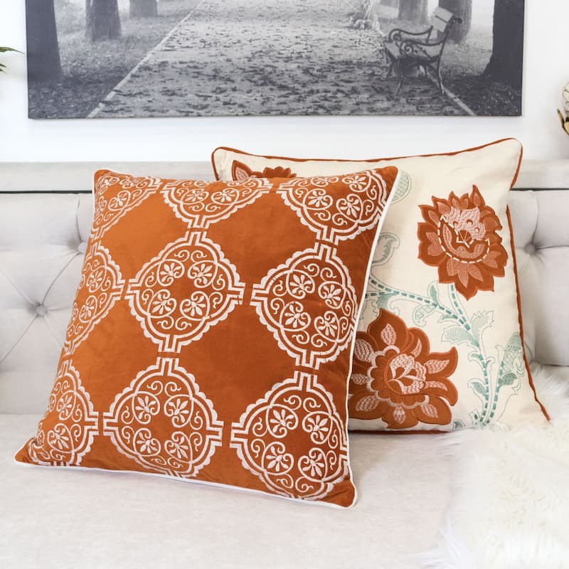 Burnt Orange Damask Embroidered Throw Pillow - Boho Geometric Cushion Set of 2