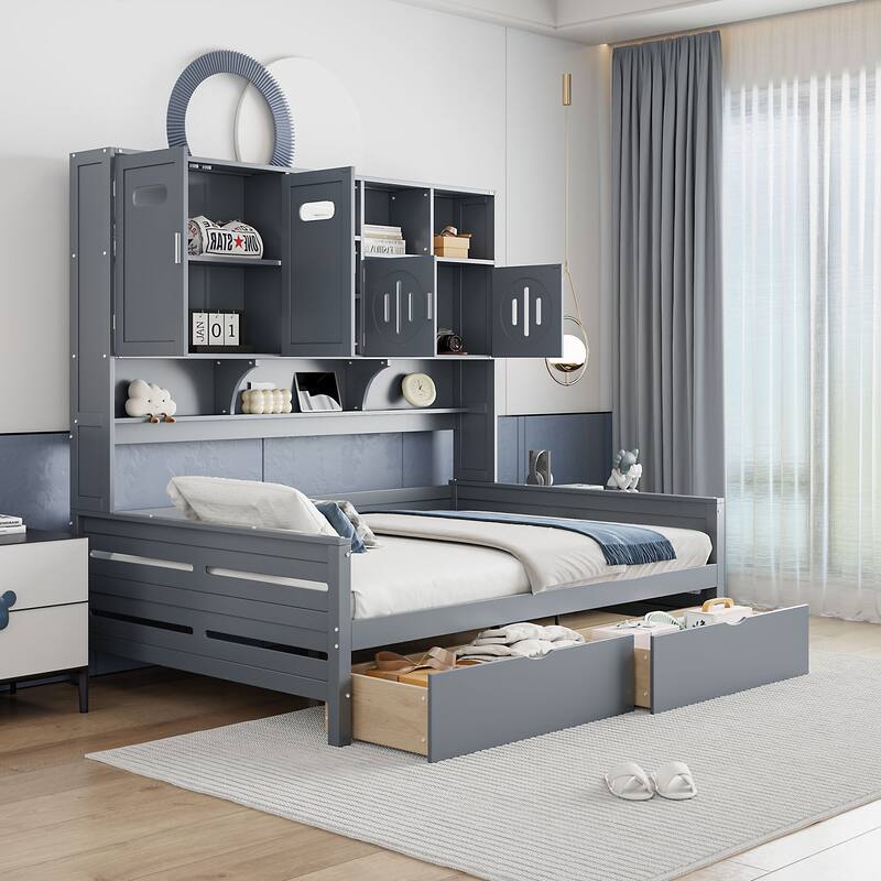 Contemporary Twin/Full Size Wooden Daybed with 2 Storage Drawers, Cabinet, and Shelf - Solid Wood Slats