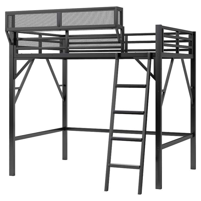 Full Size Loft Bed with Ladder, Metal Full Loft Bed with Storage Shelves, High Loft Bed for Kids Teens
