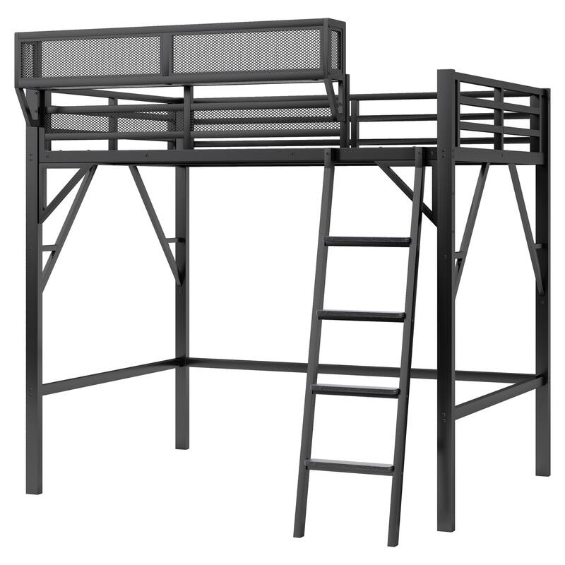 Full Size Metal Loft Bed with Ladder and Storage Shelves for Kids and Teens, Black