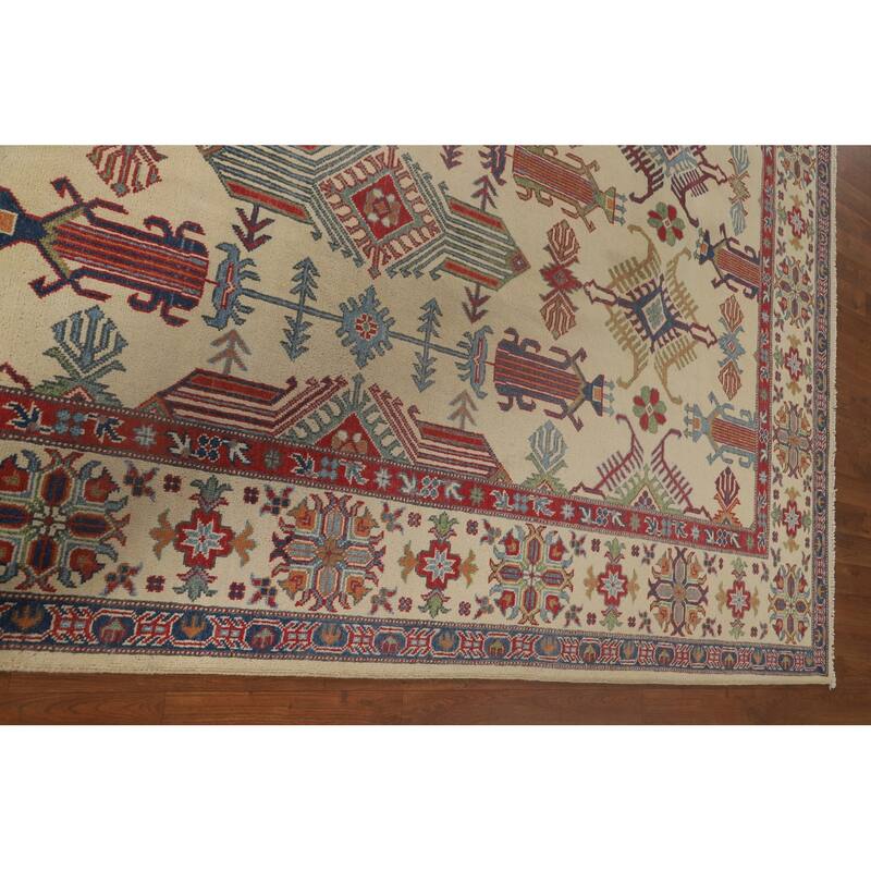 Geometric Beige Kazak Oriental Area Rug Hand-Knotted Wool Carpet - 8'2"x 9'9"