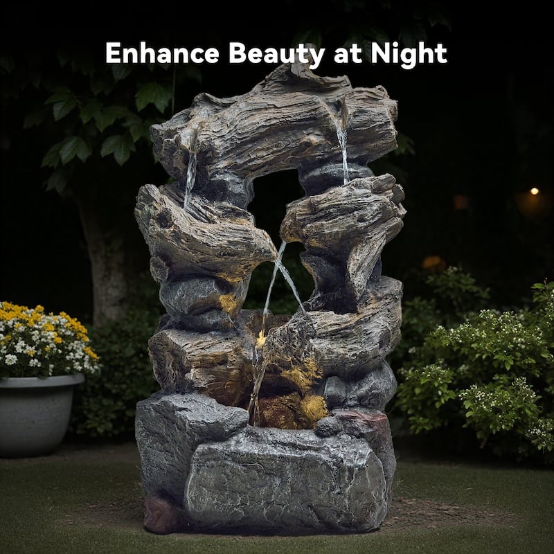 Outdoor 4-Tier Hand Crafted Polyresin Rainforest Wood Weather Resistant Fountain