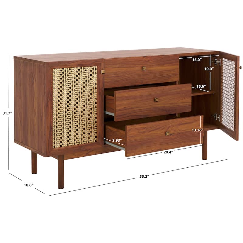 SAFAVIEH Home Piran 2 Door 3 Drawer Sideboard/Media. - 55Wx19Dx32H - Walnut/Gold.