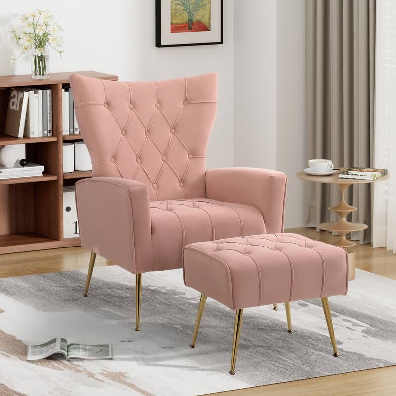 Ouyessir Upholstered Tufted Accent Chair with Ottoman - Velvet - Light-Pink