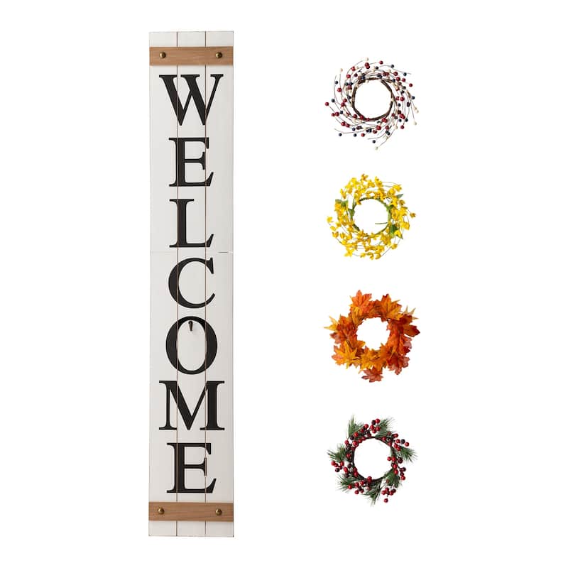 Glitzhome 60"H Wooden Welcome Porch Sign with 4 Floral Wreaths for Fall Halloween Thanksgiving Christmas Decoration