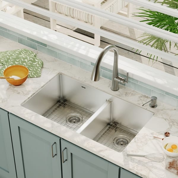 slide 2 of 9, Karran Elite Undermount Stainless Steel 32 in. 16-Gauge Double Bowl 60/40 Kitchen Sink Kit - Silver