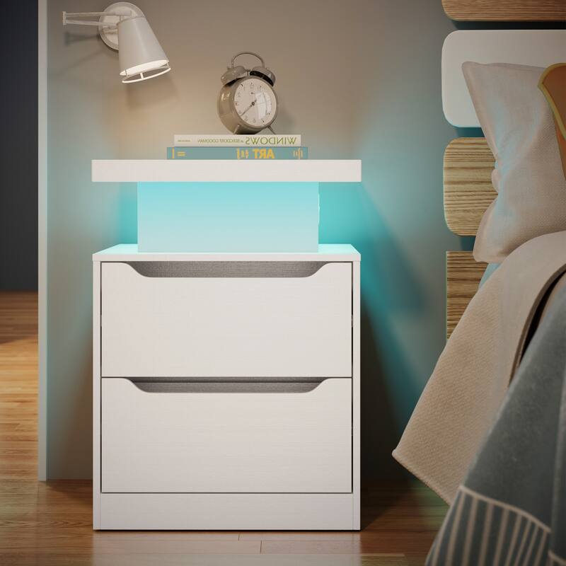 Modern Wood Nightstand with Charging Station, 2 Drawers, Bedside Table with LED Lights - White