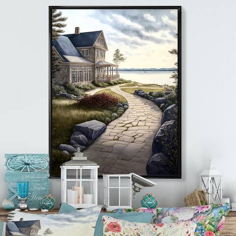Designart "Charming Cottage On The Water II" Farmhouse / Country Framed Canvas Art Print