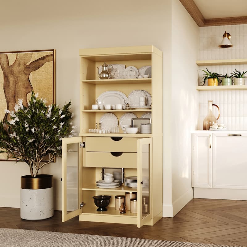 100% Solid Wood Kitchen Pantry Cabinet with 2 Clear Glass or Solid Wood Doors and 2-Drawer Organizer by Palace Imports - Yellow - Clear Glass
