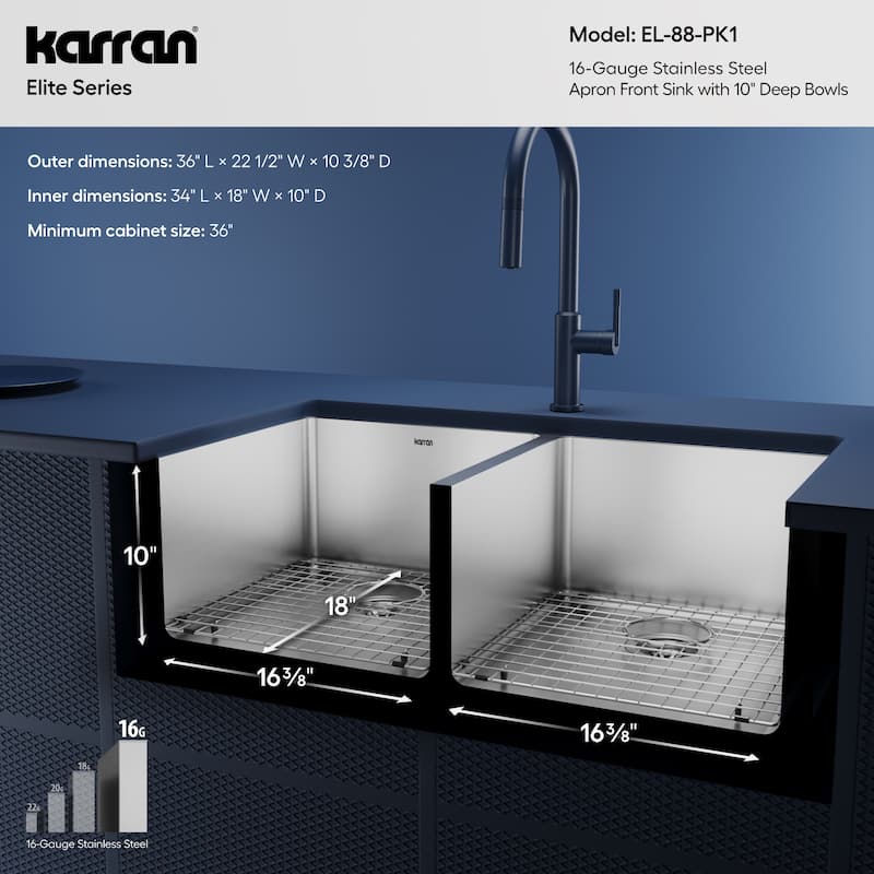 Karran Elite Apron-Front Stainless Steel 36 in. 16-Gauge Double Bowl Farmhouse Kitchen Sink Kit