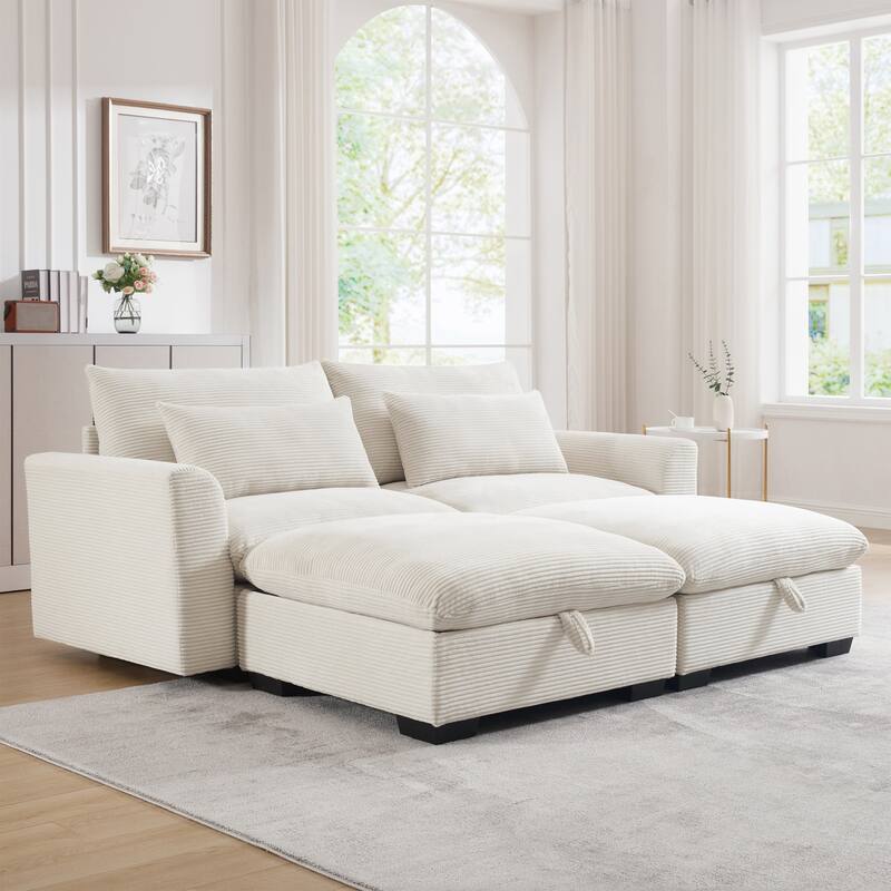Corduroy Loveseat Sofa Couch with Storage Ottomans, Modern Sectional 2 Seater Sofa with Deep Seat, Pillows for Small Spaces