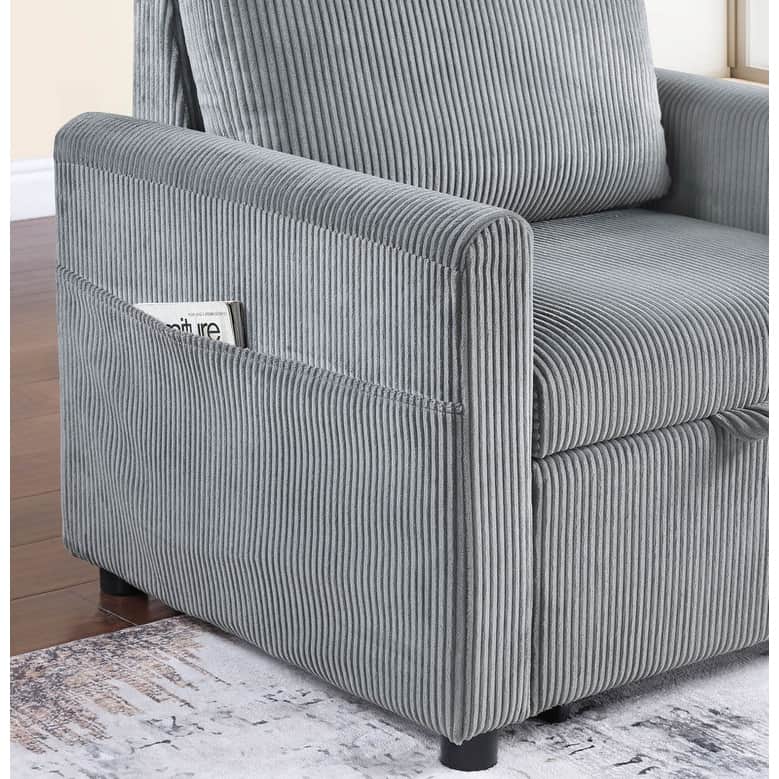 Oswin 32.5"W Gray Corduroy Armchair with Pull-Out Chaise and Side Pocket