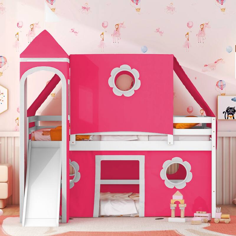 Castle Frame Bed Wood Loft Bed Loft Bed Convertible To Mini Playground with Pink Tent and Tower, Child Bed Tent - Pink - Full