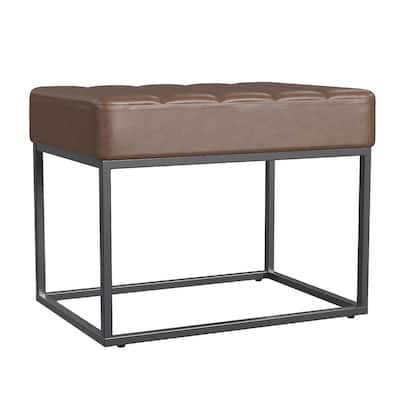Kai Ottoman Footstool, Dark Brown Faux Leather, Black Metal, 22 Inch