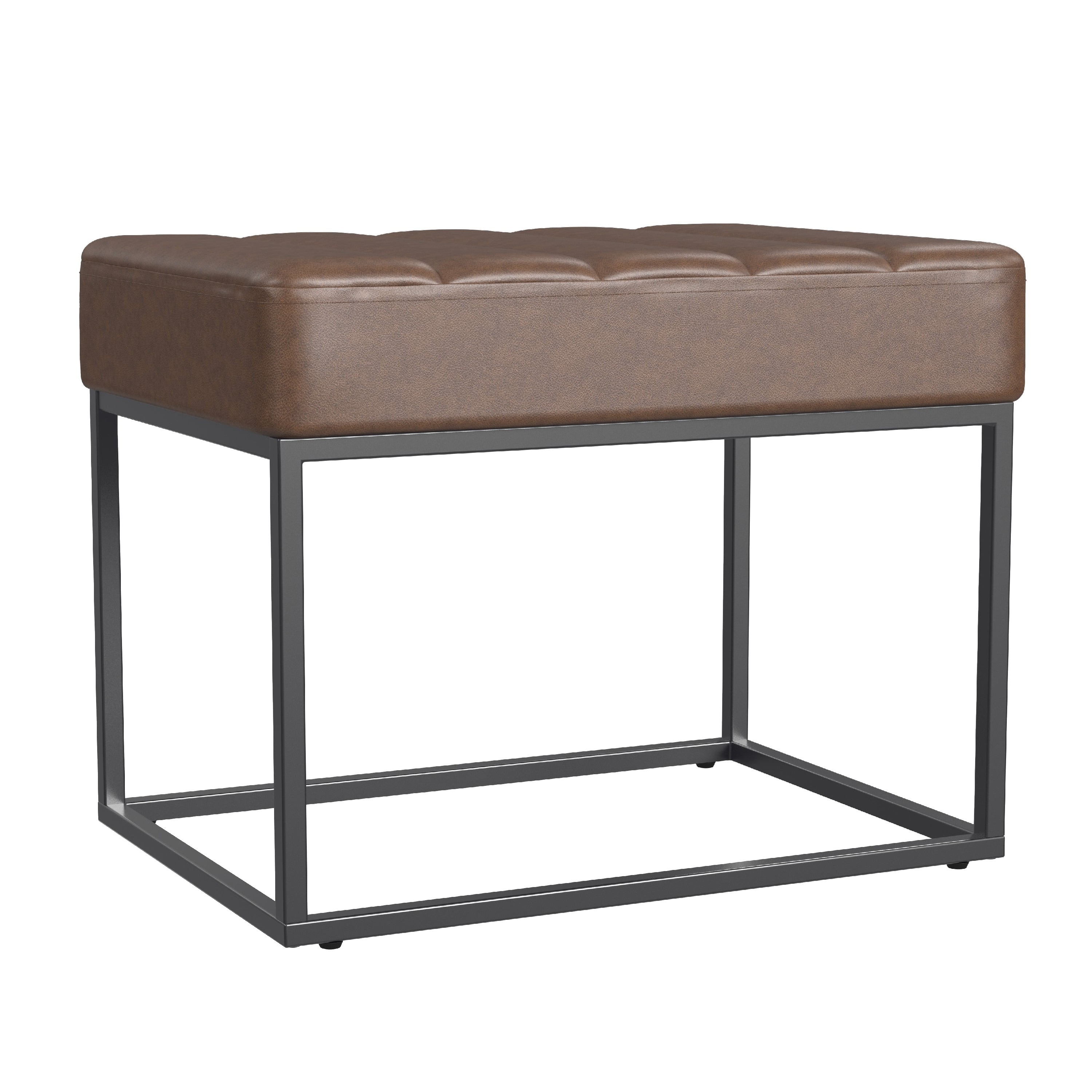 Kai Ottoman Footstool, Dark Brown Faux Leather, Black Metal, 22 Inch
