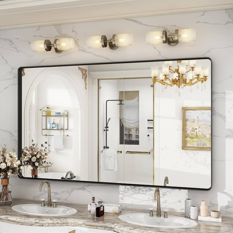 Aluminum alloy Framed Tempered Glass Wall Bathroom Vanity Mirror - 60" x 36" - Black