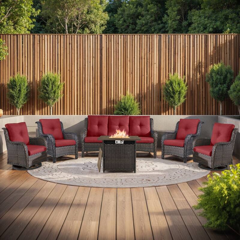 Gymojoy 6-Piece Wicker Patio Furniture Set with Rattan Chairs, Fire Pit & Sofa - Brown Wicker / Red Cusion - 6-Piece