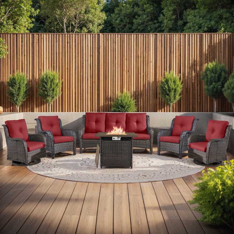 Pocassy Fire Pit Table with Sofa Swivel Chairs Set - Brown Wicker Red Cushion - 6 Pieces Sofa Chairs with Fire Table