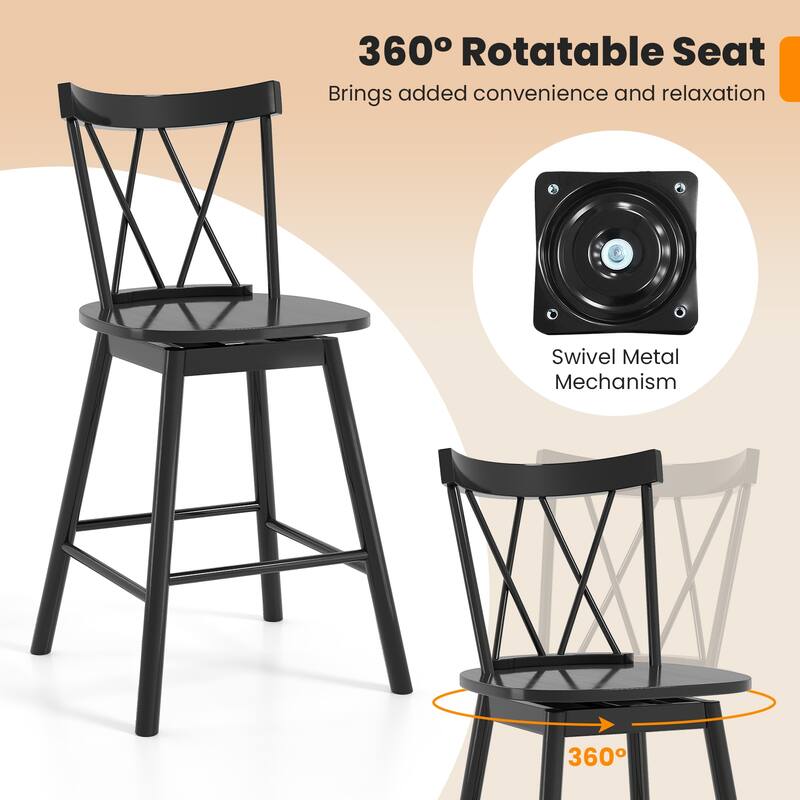 Set of 2 Black Rubber Wood Swivel Bar Chairs with Footrest and Curved Back