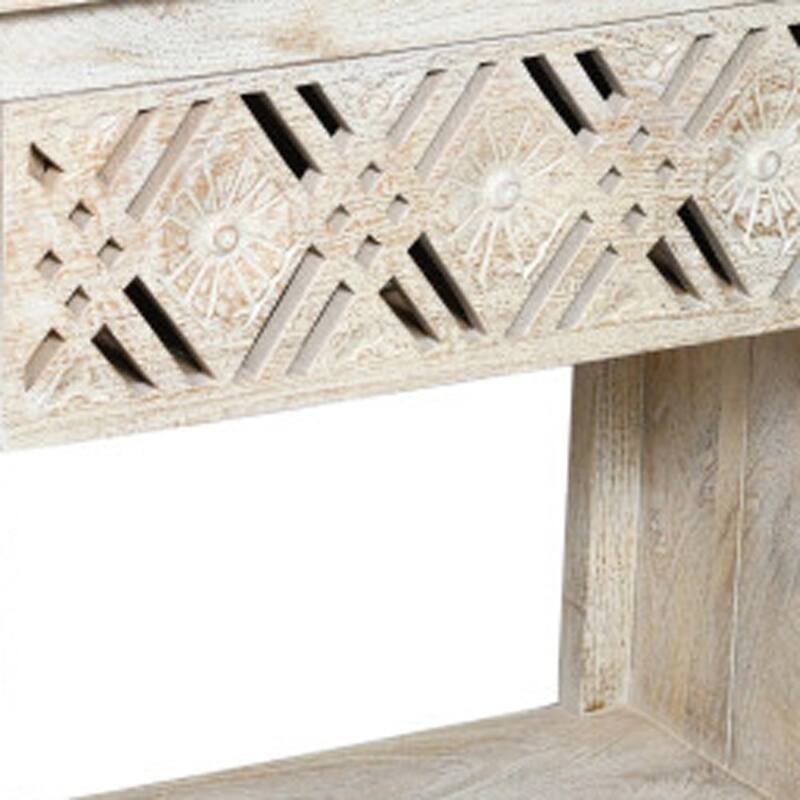 28" White Distressed Carved Geometric Solid Wood Nightstand