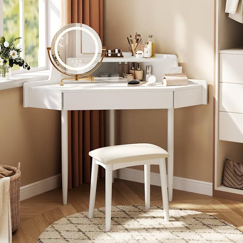 Modern Corner Makeup Vanity Desk with LED Light Mirror and Stool