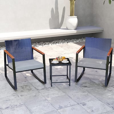 3 Piece Rocking Patio Bistro Set Wicker, Rocking Chair Pub Set with Glass Table
