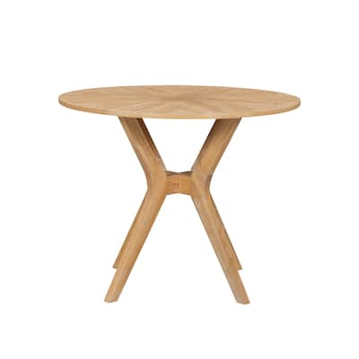 Mid-Century Modern 39.4" Round Dining Table with Intersecting Wooden Legs, Rubberwood & Plywood Construction, Oak Veneer Finish