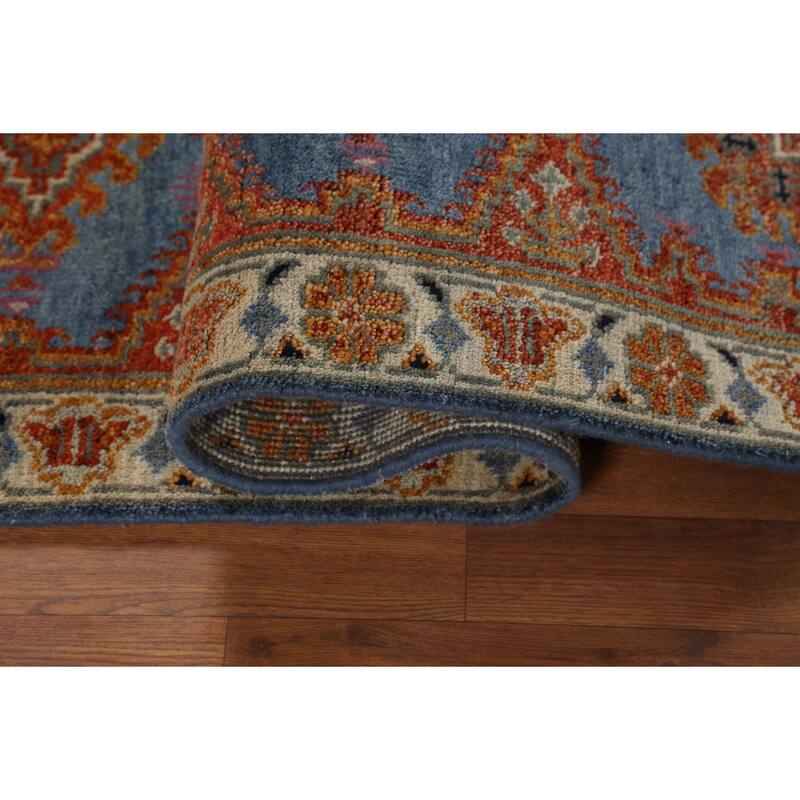 Blue Geometric Khotan Indian Runner Rug Hand-Knotted Wool Carpet - 2'8"x 7'10"