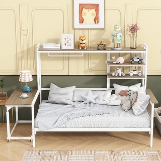 Metal Daybed with Movable Desk, Metal Slat Support Bed Frame Metal Grid, Shelves and Clothes Hanger