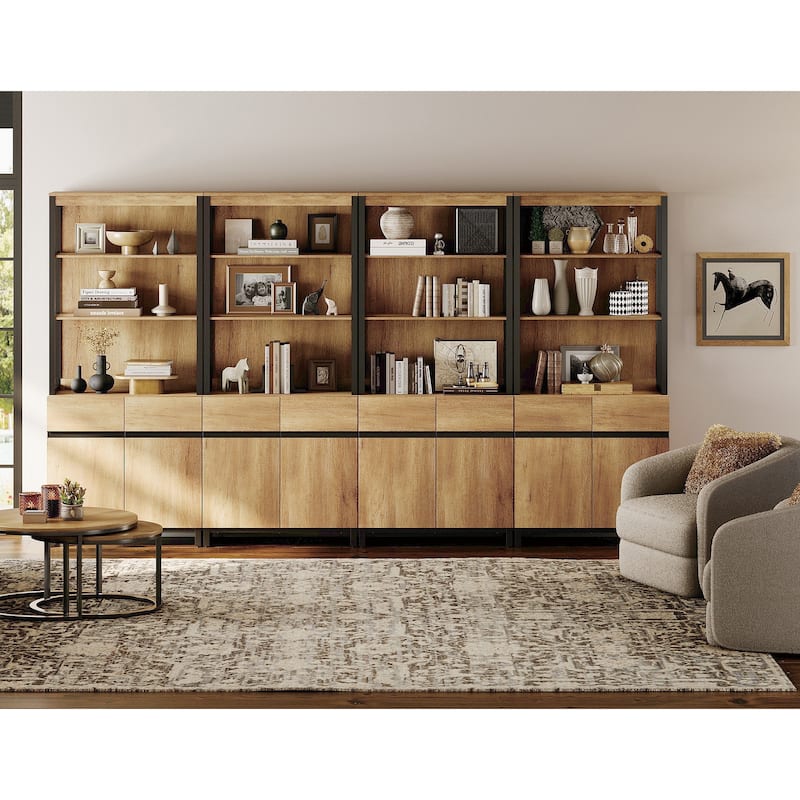 WAMPAT Modern 72" Tall Bookcase with Metal Base and Adjustable Shelves, Library Book Shelf with Storage Cabinet - Oak - 4 Piece