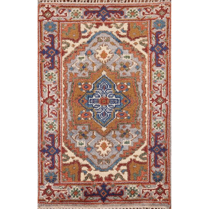 Geometric Heriz Serapi Indian Accent Rug Handmade Grey Wool Carpet - 2'1" x 3'2"